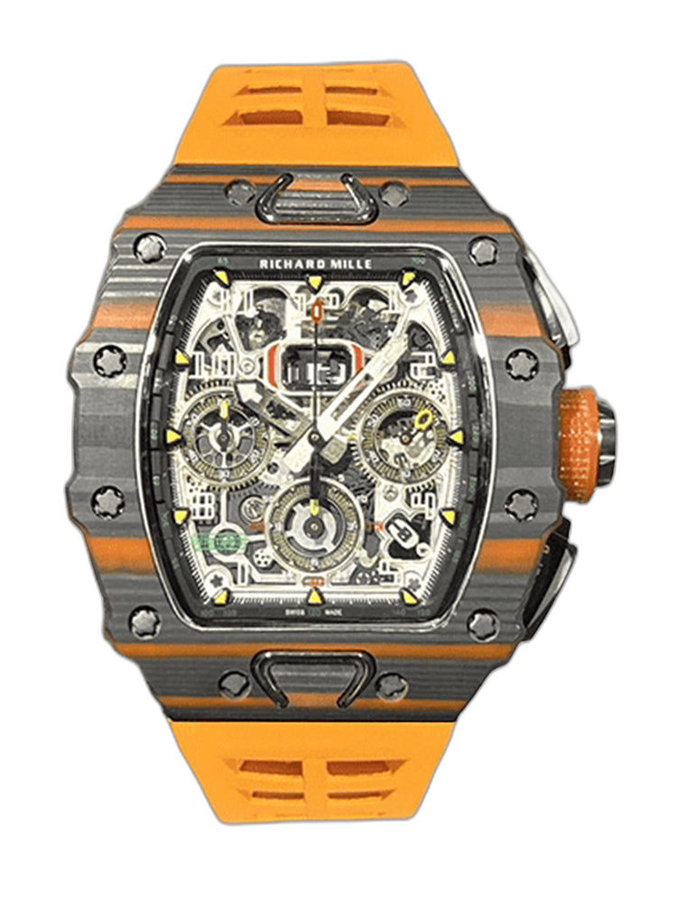 Swiss Replica Richard Mille RM 11-03 McLaren Watch – Carbon Fiber Skeleton Chronograph with Striking Orange Rubber Strap