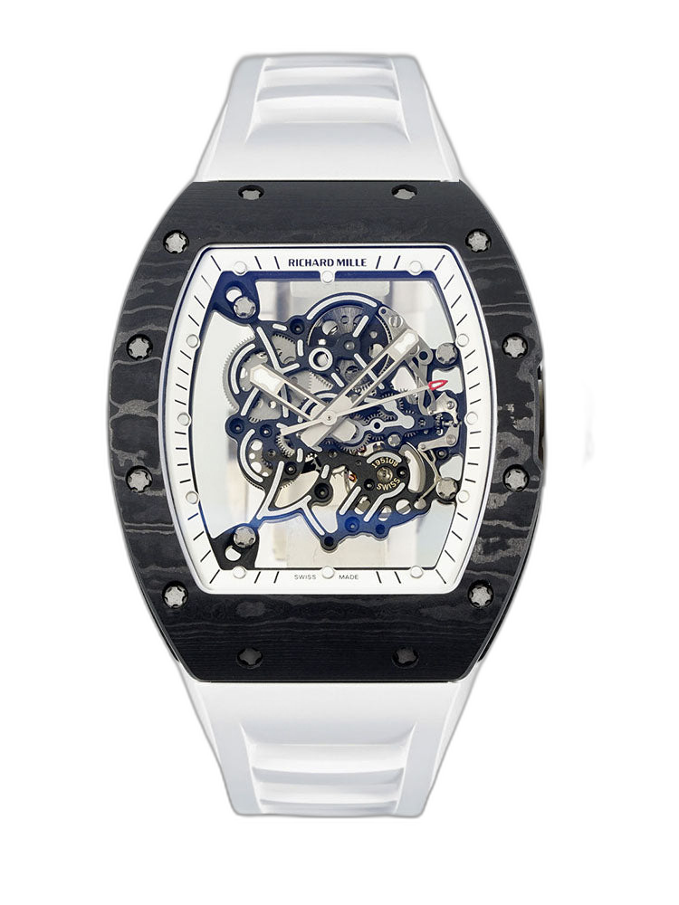 Richard Mille RM055 Skeleton Swiss Replica, Titanium Carbon Fiber Case, White Rubber Strap