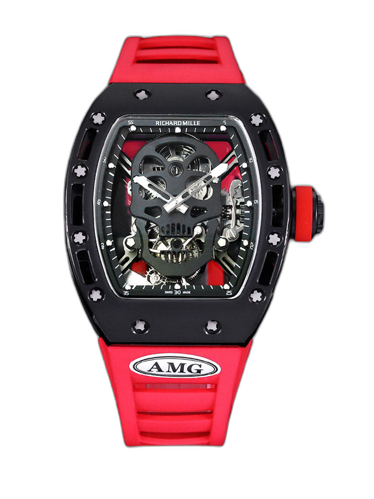 Replica Richard Mille RM052 Titanium Skeleton Tourbillon Watch with Red Rubber Strap