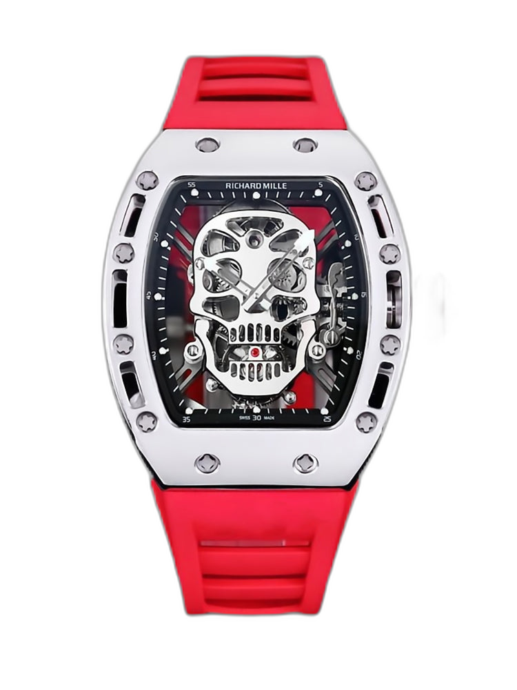 Best Swiss Replica RICHARD MILLE RM 52 Tourbillon Super Clone Watch – Skull Skeleton Dial, Red Strap
