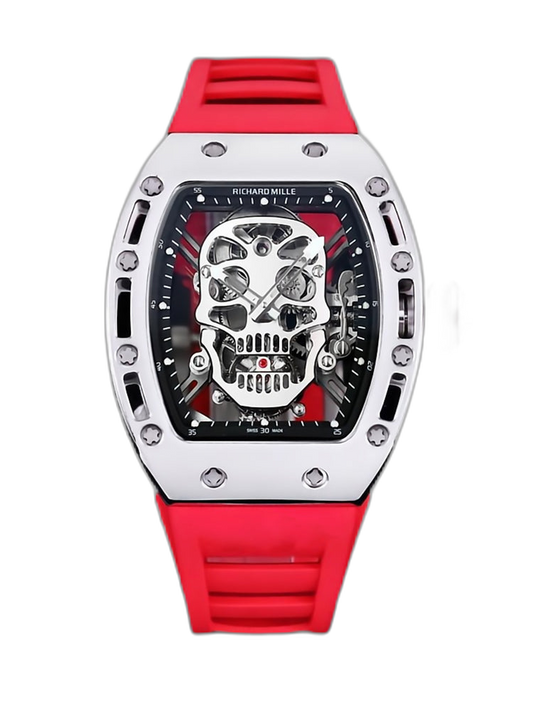 Best Swiss Replica RICHARD MILLE RM 52 Tourbillon Super Clone Watch – Skull Skeleton Dial, Red Strap