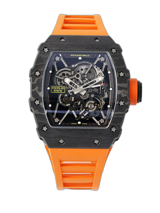 Swiss Super Clone Richard Mille RM 35-02 with NTPT Carbon Fiber Case, Orange Silicone Strap