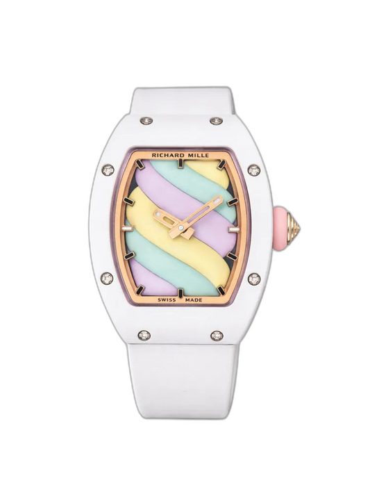 Richard Mille RM 07-03 Replica, White Ceramic Case Pastel Swirl Dial White Rubber Strap Luxury Ladies Wristwatch