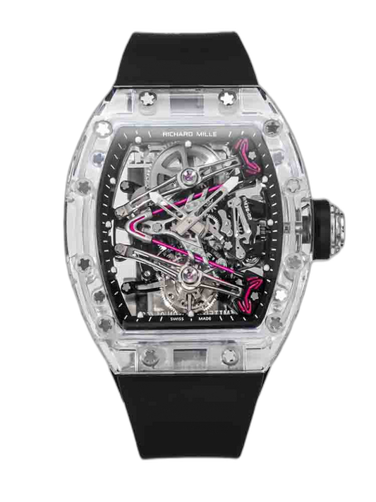 Replica Richard Mille RM 38-02 Pink Themed Crystal Skeleton Tourbillon Black Rubber Strap Watch