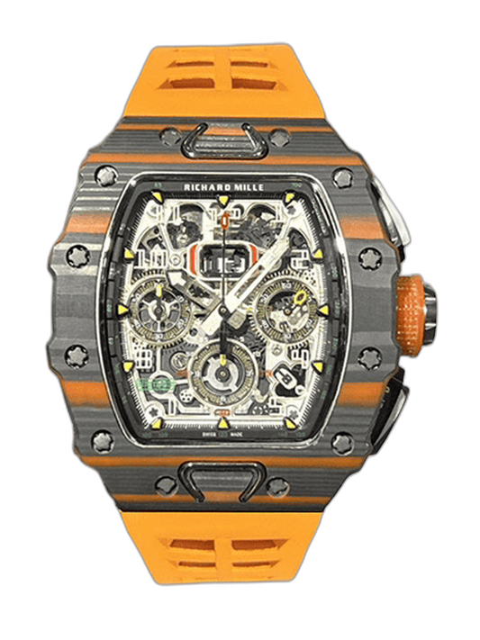Swiss Replica Richard Mille RM 11-03 McLaren Watch – Carbon Fiber Skeleton Chronograph with Striking Orange Rubber Strap