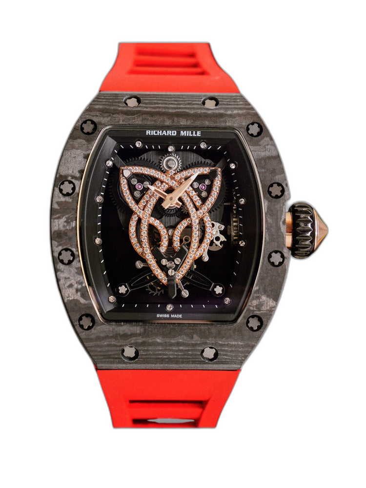 High-end Replica Richard Mille RM 019 NTPT Carbon Case Red Strap Tourbillon Watch Diamond Celtic Knot Skeleton Dial
