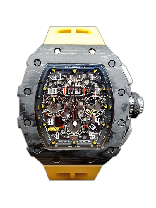 Best Swiss Replica Richard Mille RM 011 Skeleton Dial Watch – Carbon Fiber Case, Yellow Rubber Strap