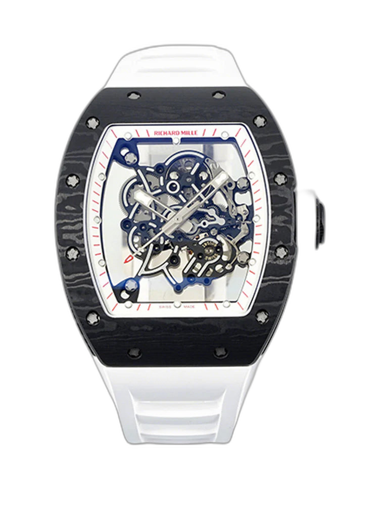 Richard Mille RM 055 Bubba Watson Replica – Super Clone Carbon Fiber Case Skeleton Dial Swiss Movement White Rubber Strap Best Quality Watch