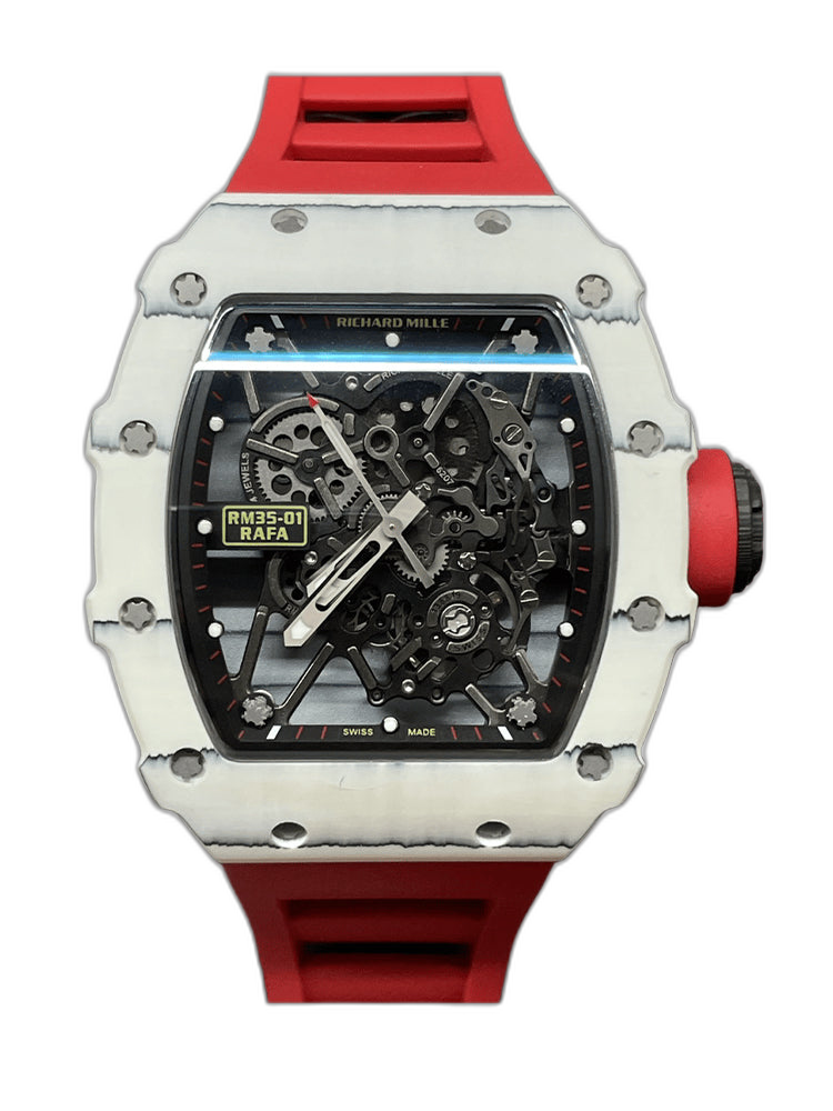 Richard Mille RM 35-01 Replica Rafael Nadal White Carbon Case Red Strap Watch | Swiss Movement, Skeleton Dial