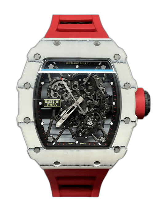 Richard Mille RM 35-01 Replica Rafael Nadal White Carbon Case Red Strap Watch | Swiss Movement, Skeleton Dial