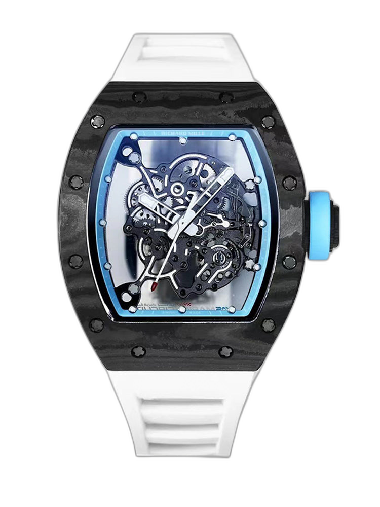 Best Replica RICHARD MILLE RM 055 Skeleton Watch - Swiss Movement Super Clone, Carbon Fiber Case, Sporty White Rubber Strap