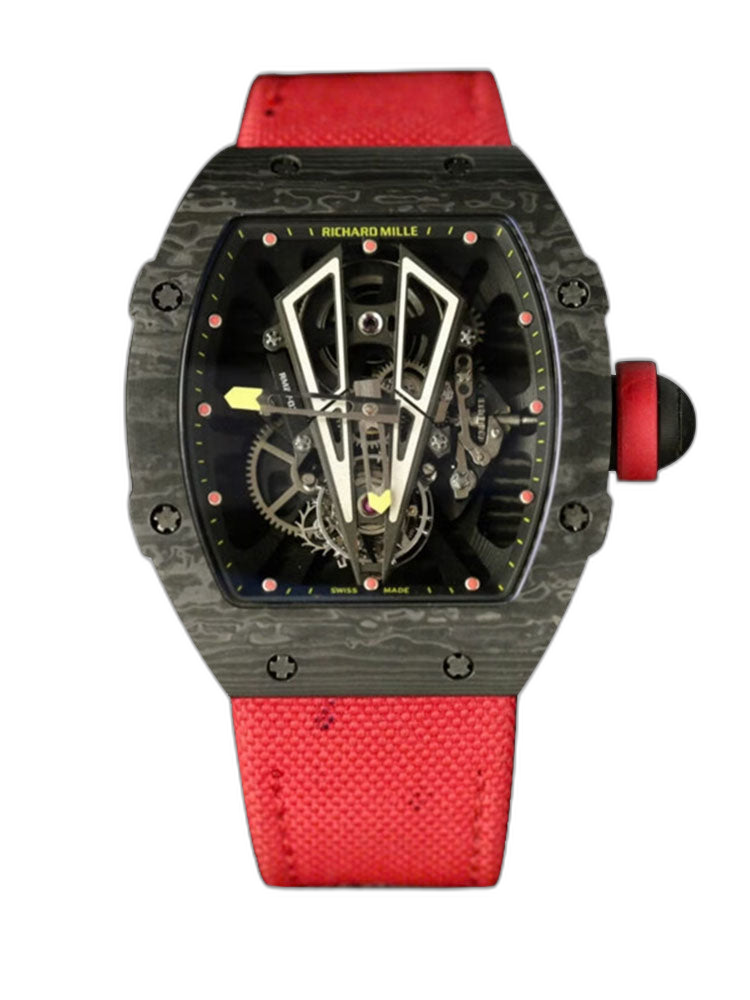 Swiss Replica Richard Mille RM27-03 Black Carbon Fiber Case with Red Woven Strap