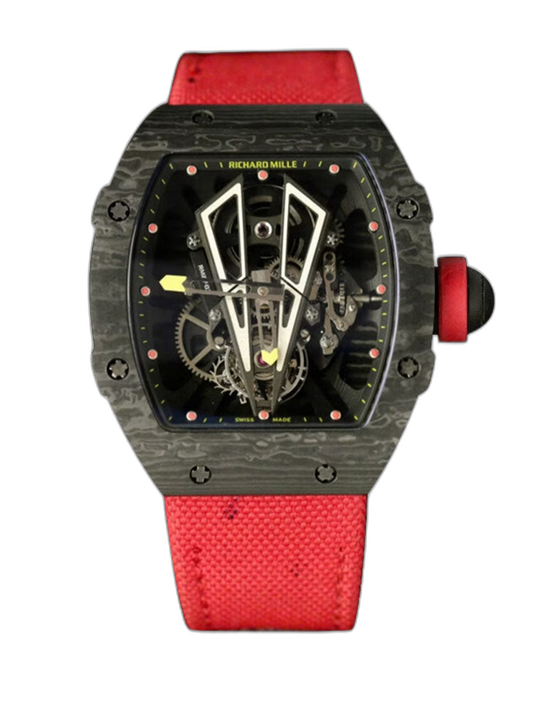 Swiss Replica Richard Mille RM27-03 Black Carbon Fiber Case with Red Woven Strap
