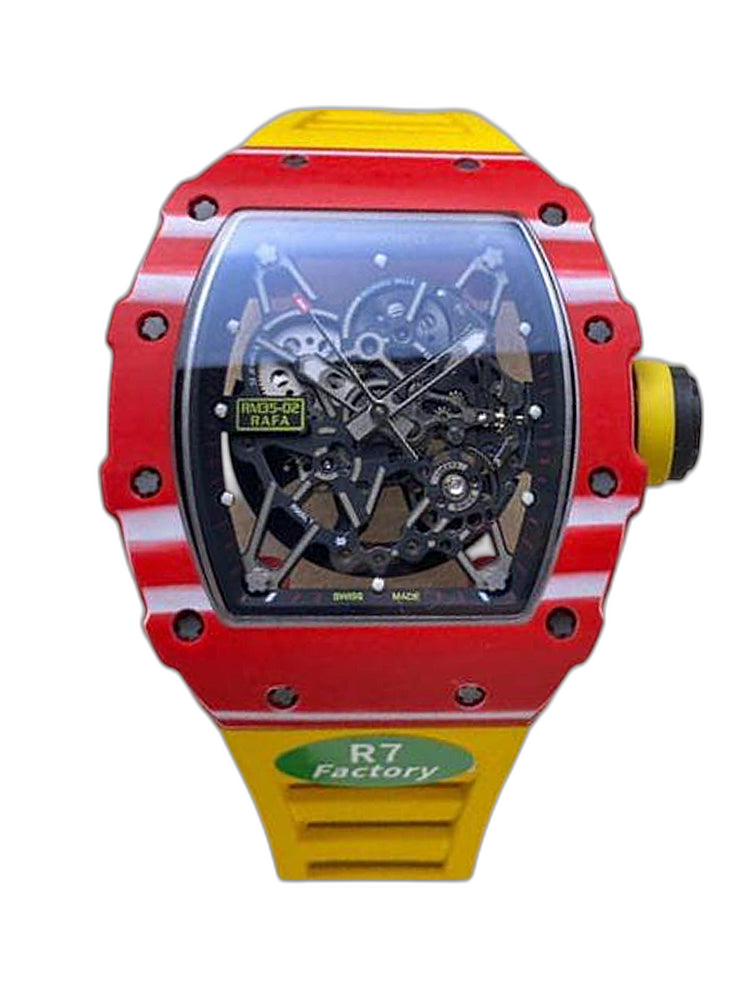 Best Richard Mille RM35-02 Replica – Red Carbon Case, Yellow Strap, Swiss Movement, Skeleton Dial