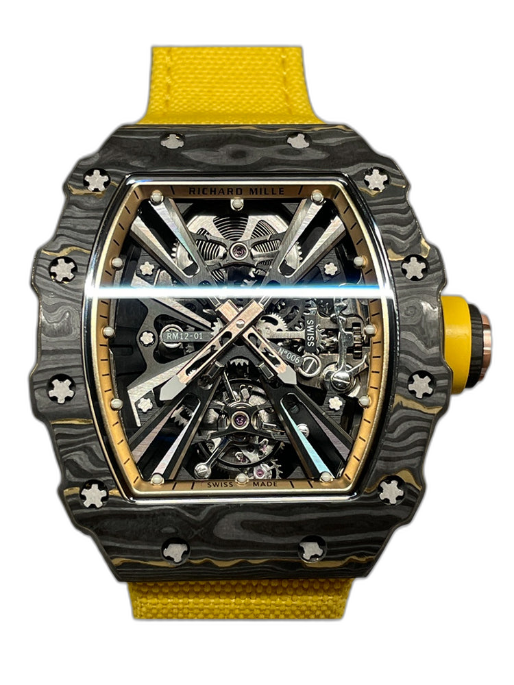 Swiss Replica Richard Mille RM 12-01 Tourbillon Watch – Bold Yellow Fabric Strap, Carbon Fiber Barrel Case, Skeleton Dial