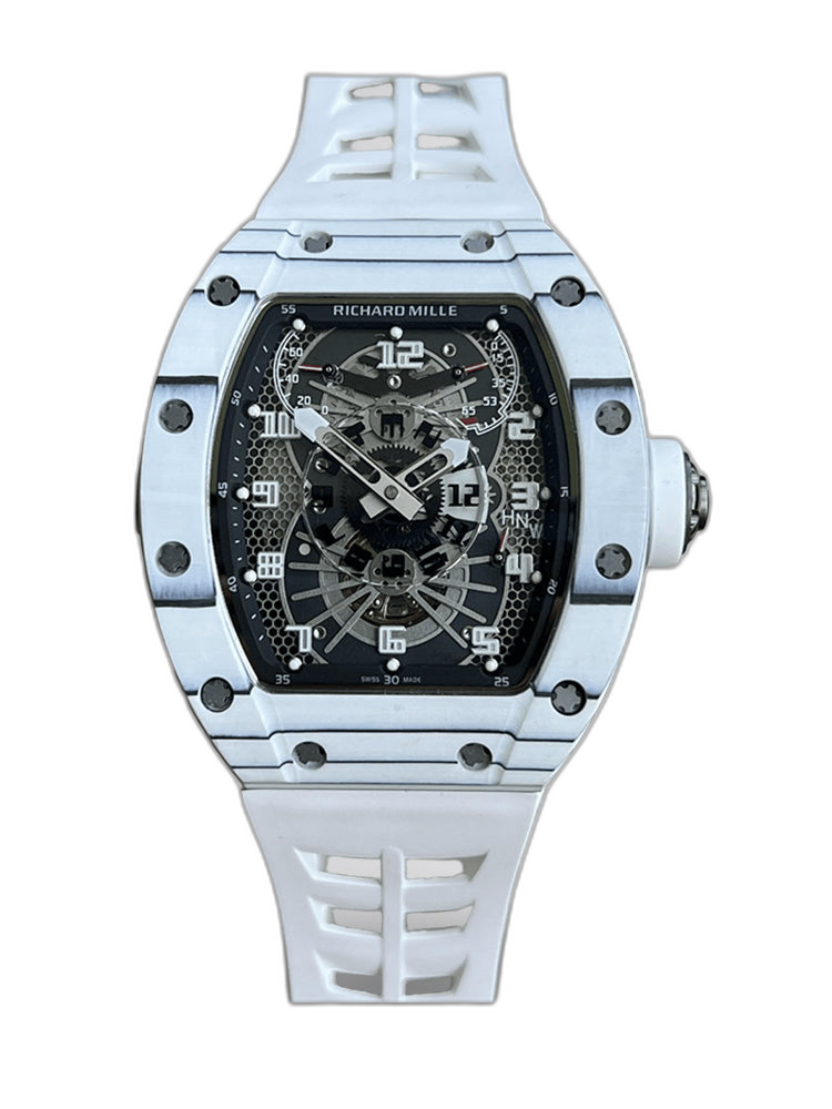 Richard Mille RM 022 Replica White Case White Strap Watch For Men – Skeletonized Dial And Carbon Fiber Case