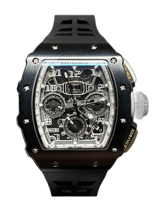 Richard Mille RM 11-03 Replica Black Ceramic Case with Black Rubber Strap | Skeleton Dial Watch For Men