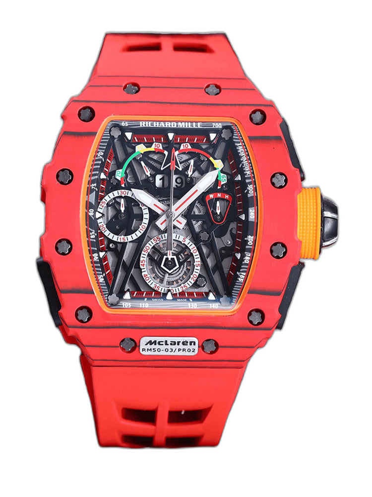 Best Richard Mille RM 50-03 Mclaren Replica Red Strap Watch For Men – Red Carbon Skeleton Dial with Swiss Movement