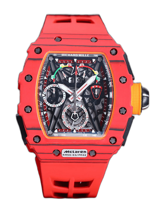 Best Richard Mille RM 50-03 Mclaren Replica Red Strap Watch For Men – Red Carbon Skeleton Dial with Swiss Movement