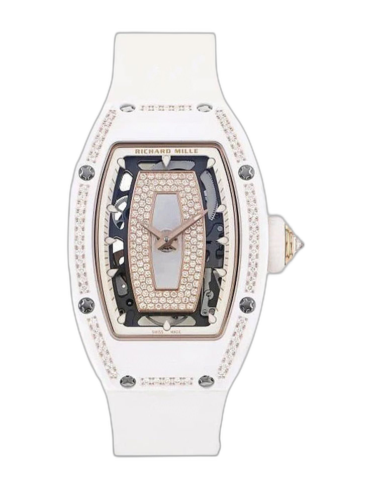 Elegant Swiss Richard Mille RM 07-01 Replica White Ceramic & Rose Gold Diamond Dial Watch – Luxury Style For Women