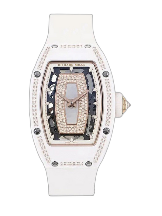 Elegant Swiss Richard Mille RM 07-01 Replica White Ceramic & Rose Gold Diamond Dial Watch – Luxury Style For Women