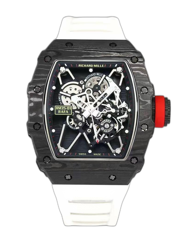 Top Swiss Replica Richard Mille RM35-01 – Carbon Fiber Case & White Rubber Strap