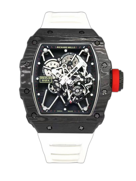 Top Swiss Replica Richard Mille RM35-01 – Carbon Fiber Case & White Rubber Strap
