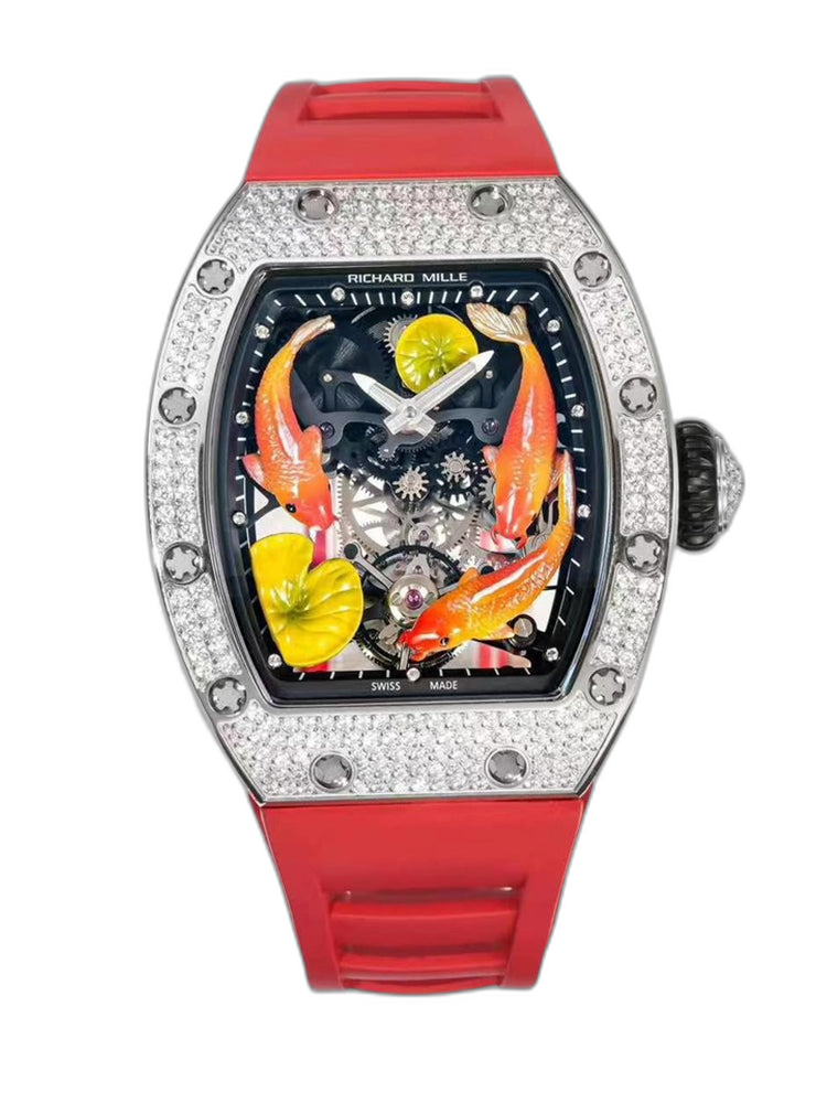 Super Clone Replica RICHARD MILLE RM S10 Koi Fish Tourbillon Watch Diamond Case Red Strap Swiss Quality