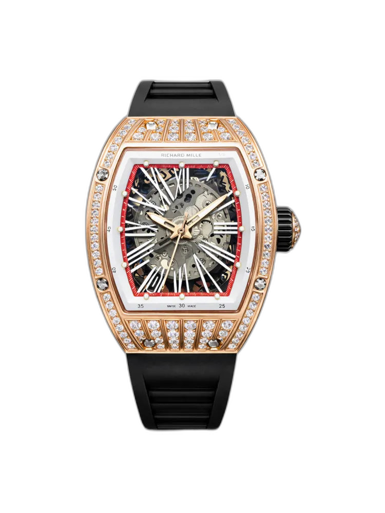 Richard Mille RM 023 Replica, Rose Gold Diamond-Set Case Skeleton Dial Black Rubber Strap Luxury Automatic Sports Wristwatch
