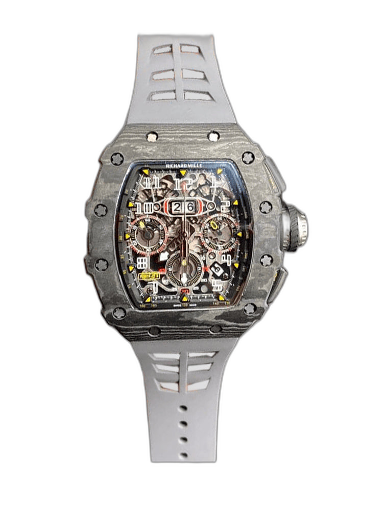 Swiss Richard Mille RM 11 Replica – 49mm Carbon Case, Skeleton Dial, Grey Rubber Strap
