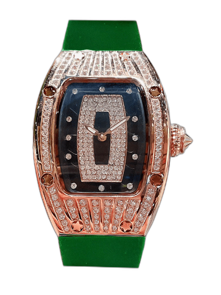 Luxury Replica Richard Mille RM 007 Ladies Diamond Set Green Strap Watch – Black Dial, Green Rubber Strap