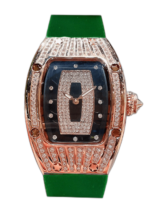 Luxury Replica Richard Mille RM 007 Ladies Diamond Set Green Strap Watch – Black Dial, Green Rubber Strap