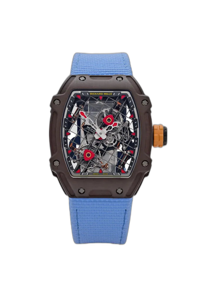 Richard Mille RM 27-04 Replica, Brown Carbon Case Skeleton Grid Dial Blue Nylon Strap Luxury Sports Wristwatch