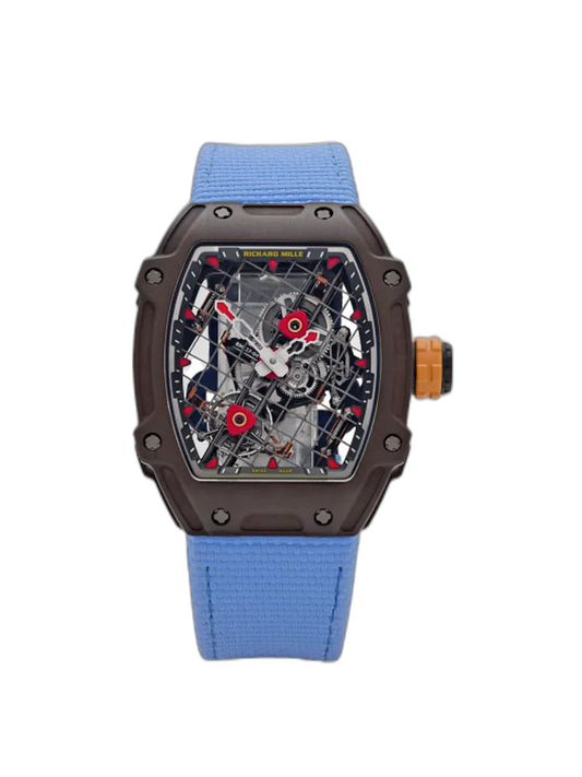 Richard Mille RM 27-04 Replica, Brown Carbon Case Skeleton Grid Dial Blue Nylon Strap Luxury Sports Wristwatch