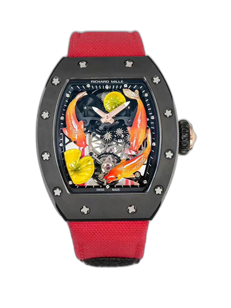 Richard Mille RM S10 Koi Tourbillon Watch Black Steel Skeleton Dial Sapphire 50M Super Clone Luxury Art Design