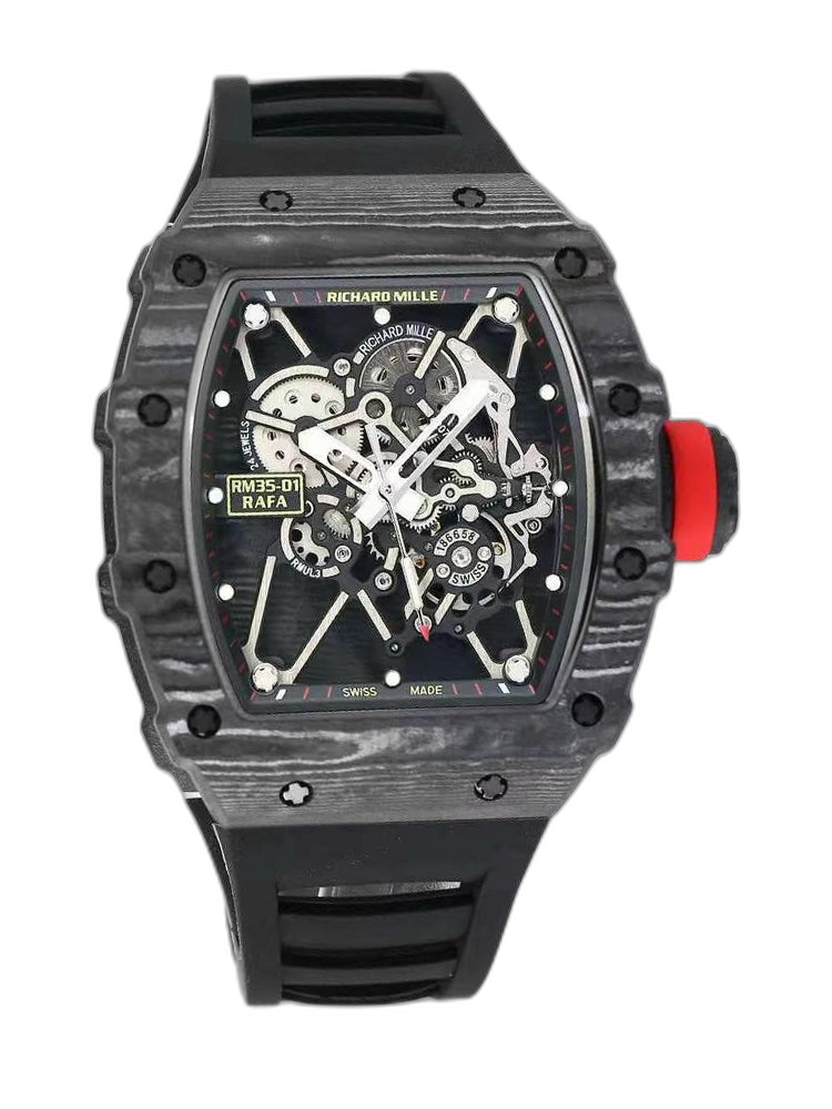 Richard Mille RM 35-01 Rafael Nadal Replica Swiss Watch – Skeleton Dial, NTPT Carbon Case, Black Rubber Strap