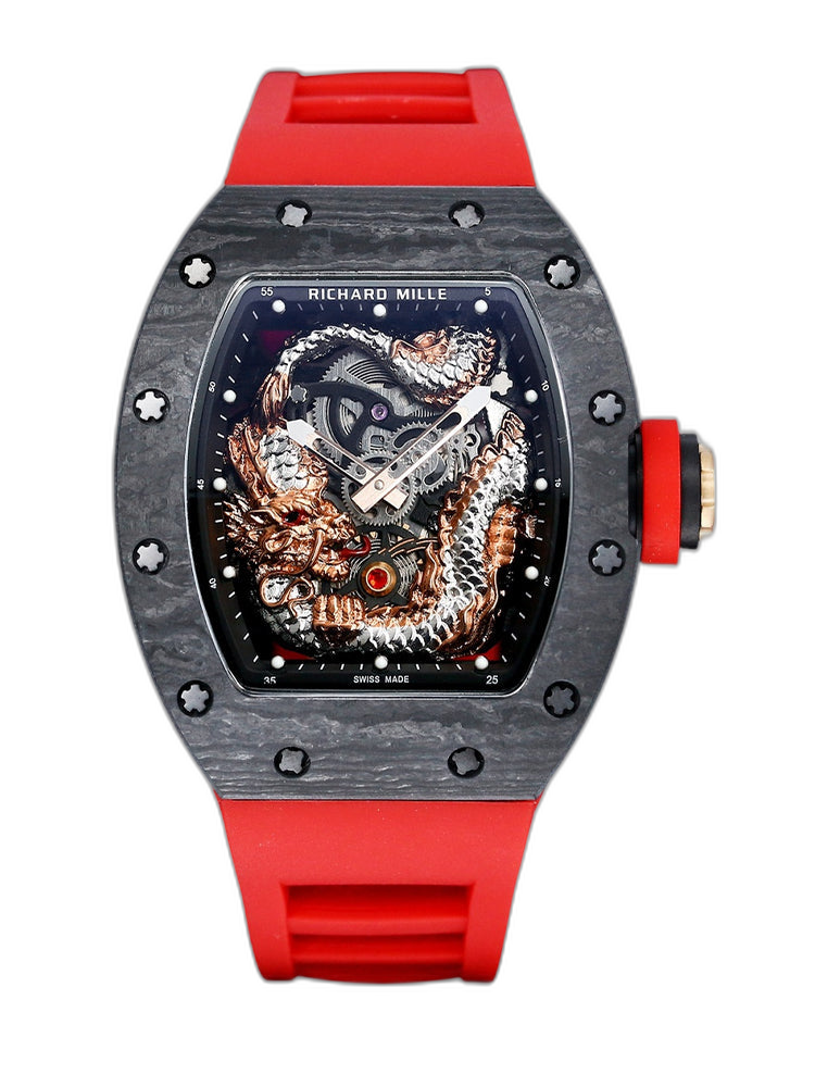Swiss Replica Richard Mille RM 57-03 Dragon Skeleton Dial, Carbon Fiber Case, Red Rubber Strap Luxury Watch