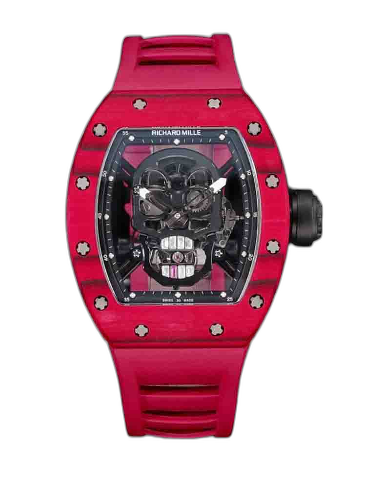 Best Richard Mille RM52-01 Replica - Red Rubber Strap, Skeleton Dial, Swiss Tourbillon, Carbon Fiber Case